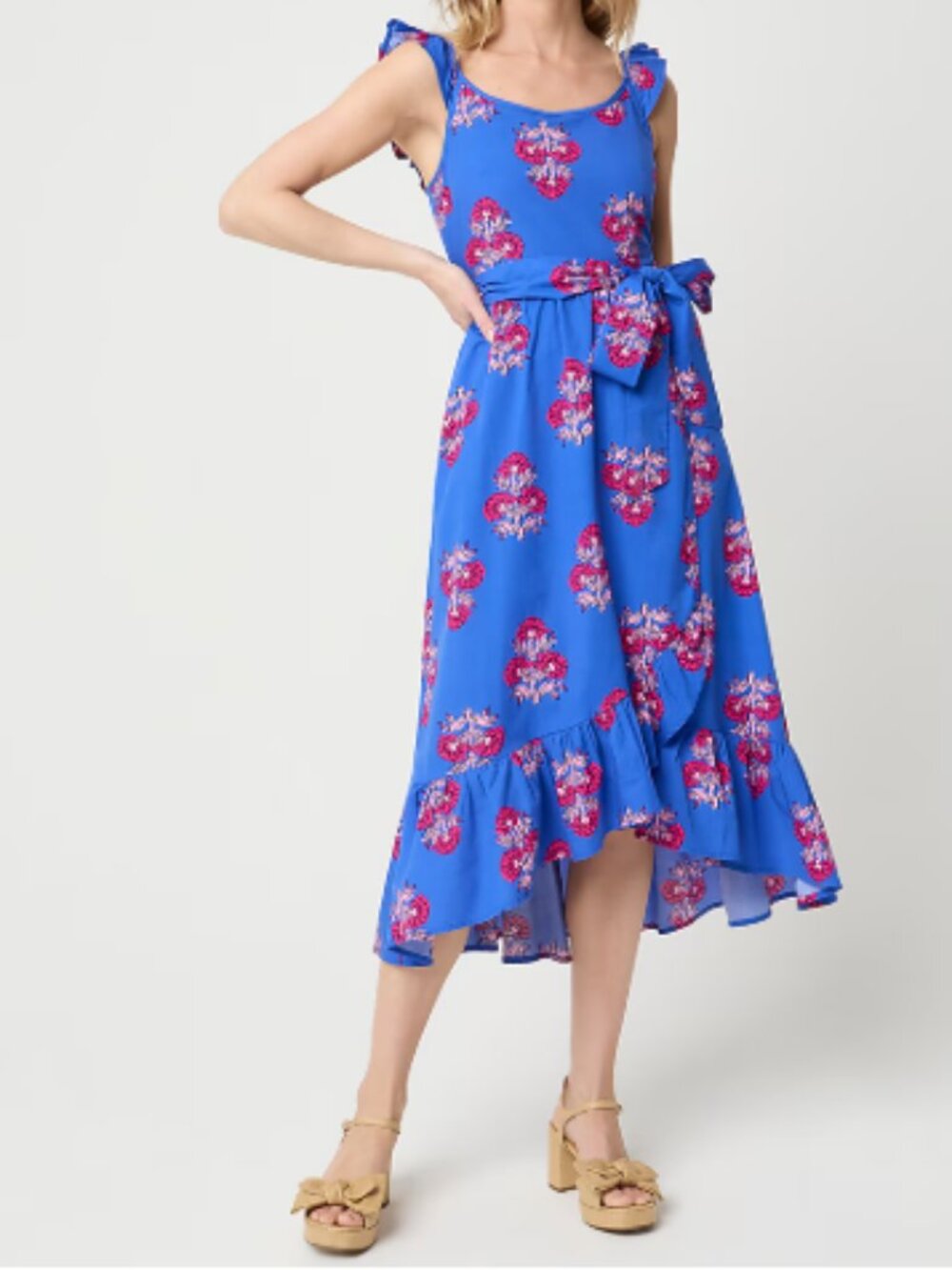 J Crew Women's Wrap Hi Low Dress Tropical Flowers Self Tie Beach Party Blue